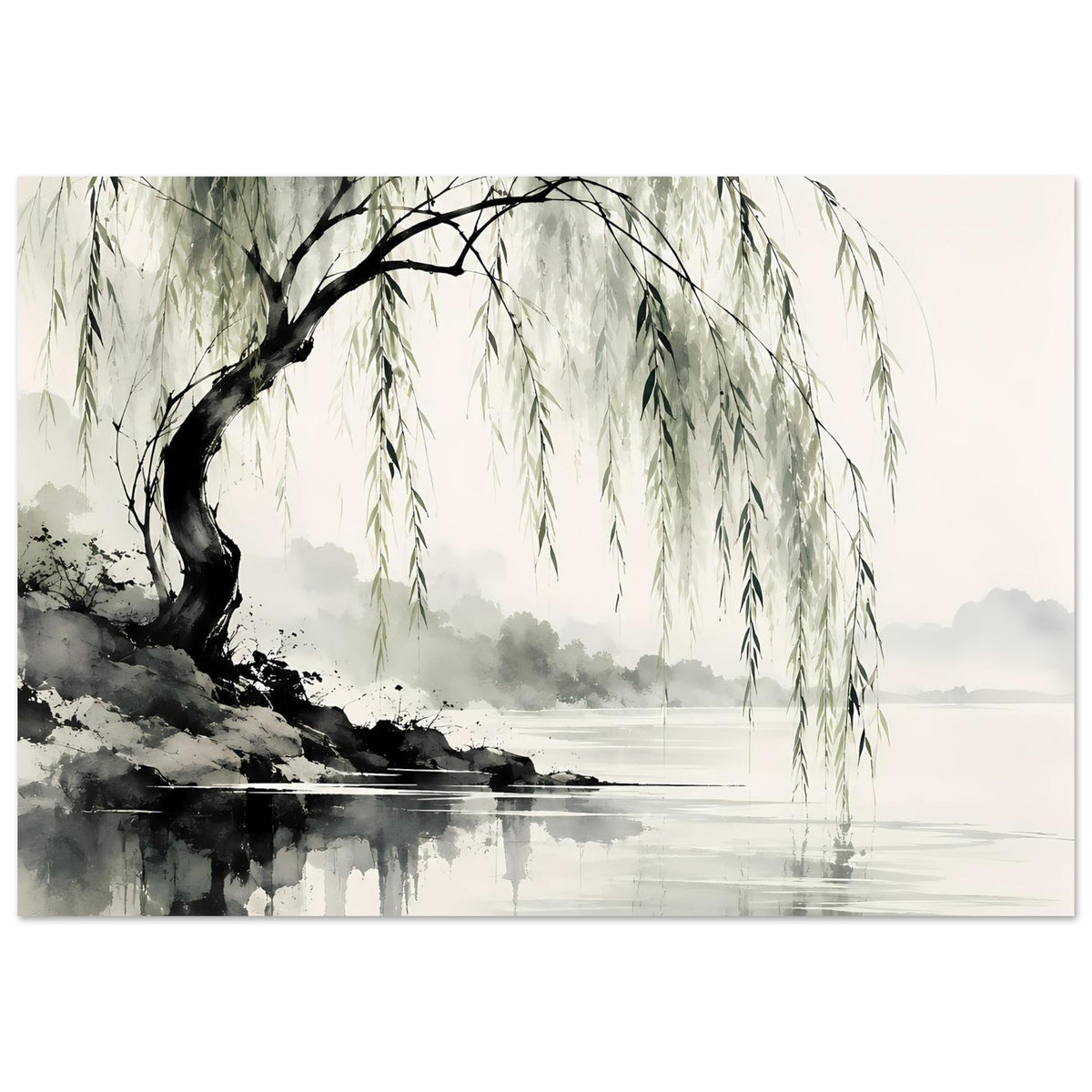Naturposter mit Weidenbaum und hängenden Zweigen, abstrakte Landschaft mit Wasser und Reflexion