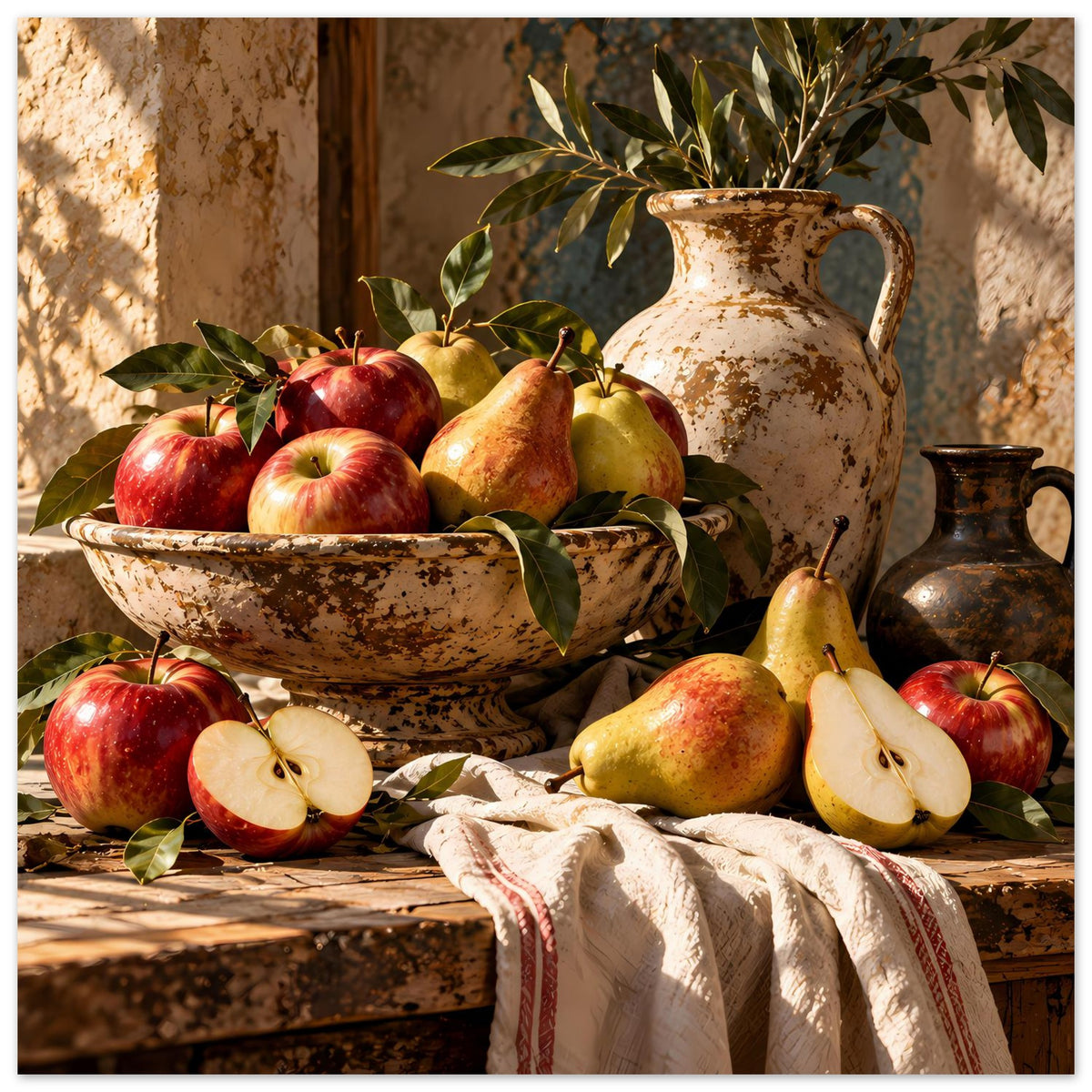 Stillleben-Poster im Querformat: Obstschale mit Äpfeln, Birnen, Vase/Krug und Tuch