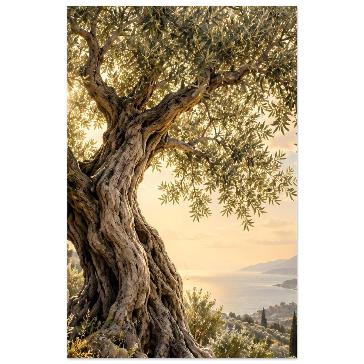 Poster: knorriger Stamm eines alten Olivenbaums, Äste und Blätter im Vordergrund