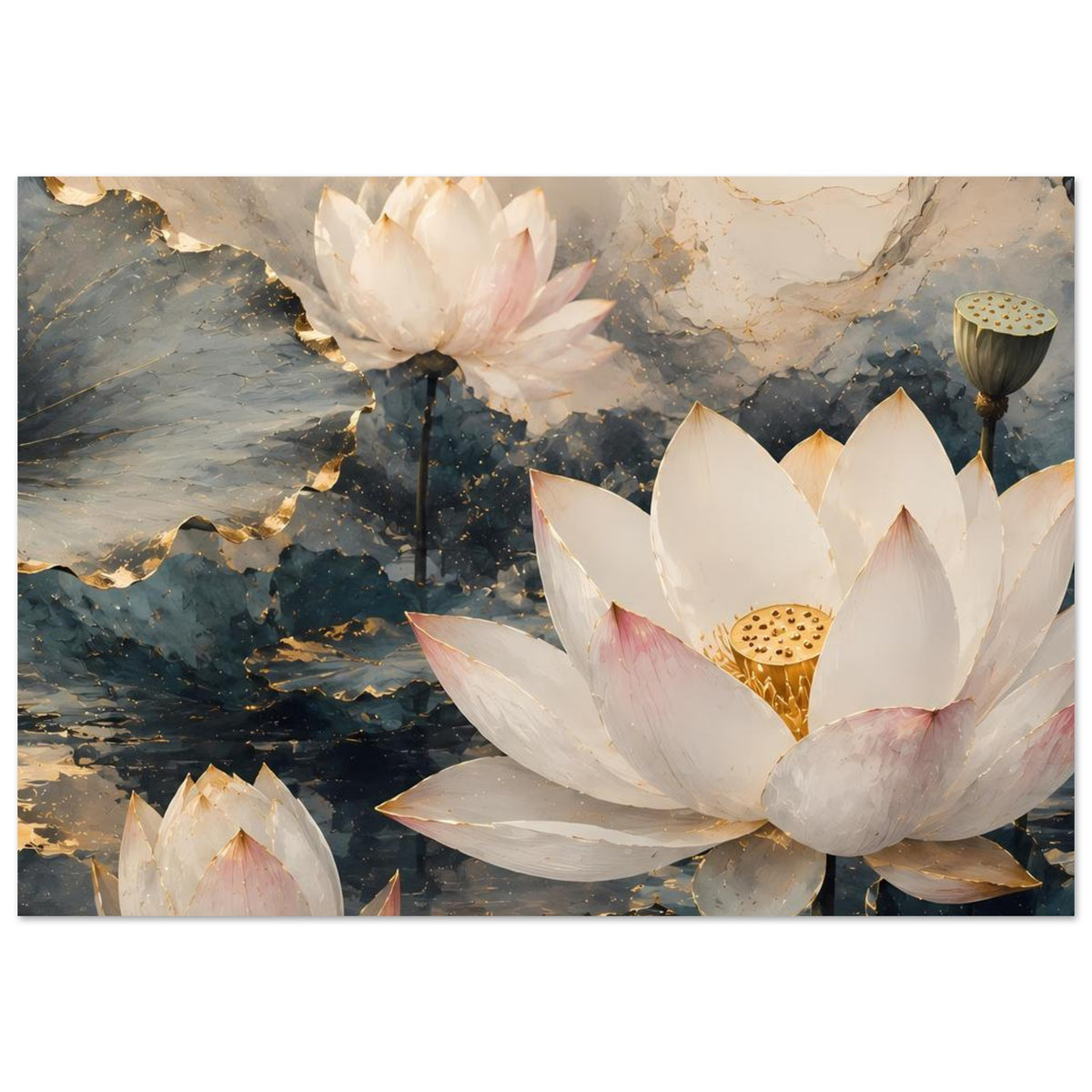 Lotusblumen-Poster mit großen weißen Lotusblüten, goldfarbenem Zentrum und dunklen Stielen, horizontal