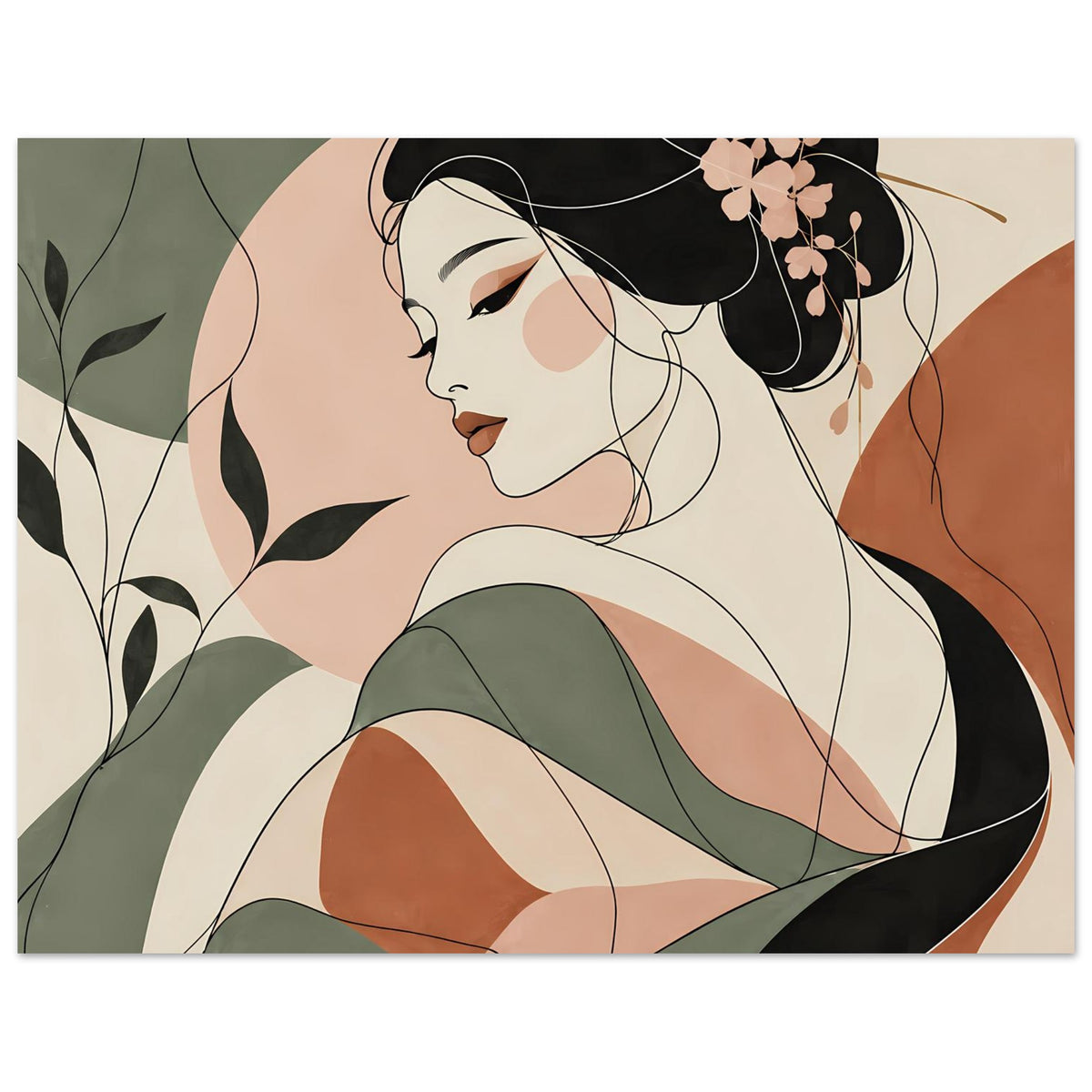 Zen-Geisha Poster: Seitenblick mit schwarzer Frisur, rosafarbenen Blüten, grünem Gewand
