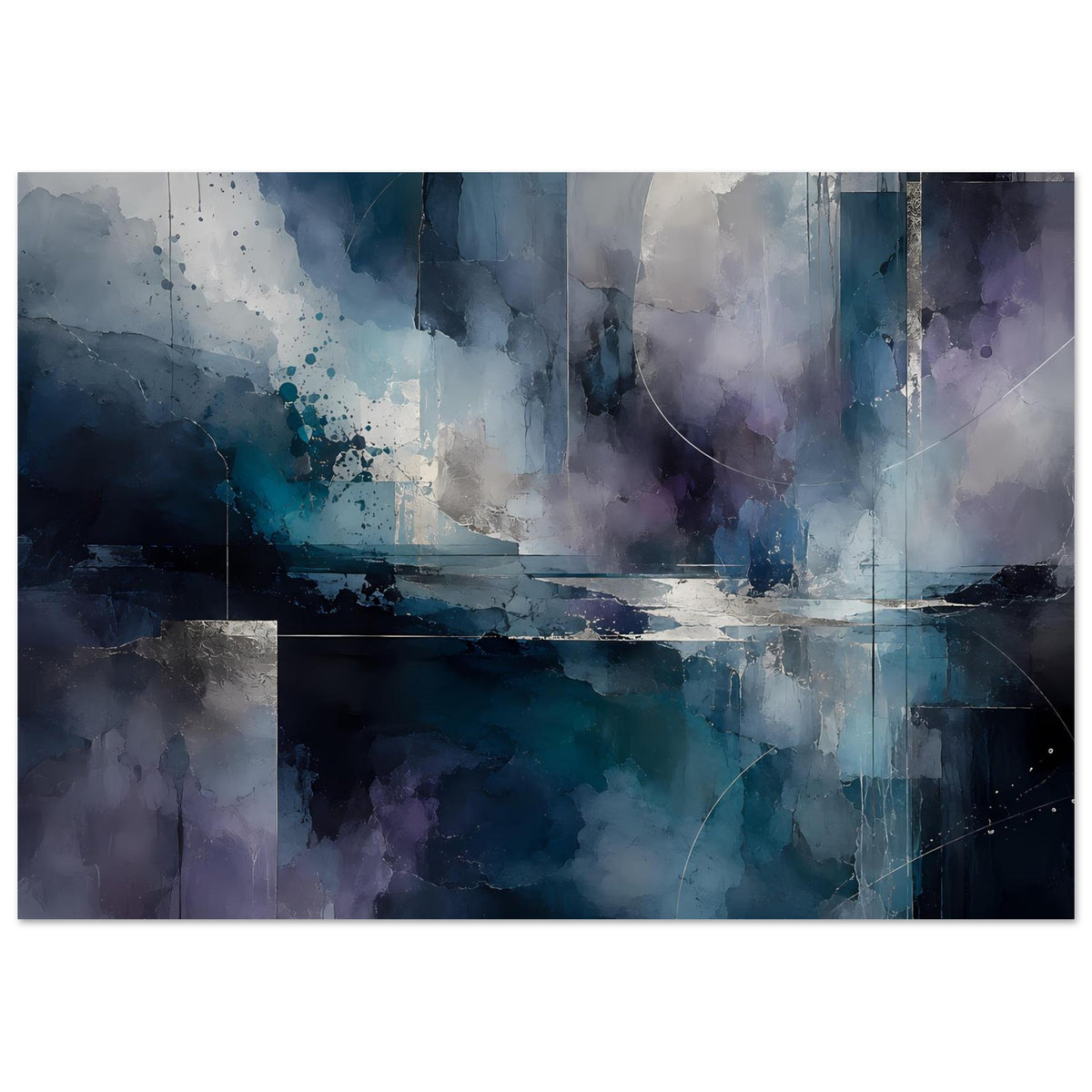 Abstraktes Kunstposter im Querformat mit blau‑lila Hintergrund, Wolken- und Spritzstruktur