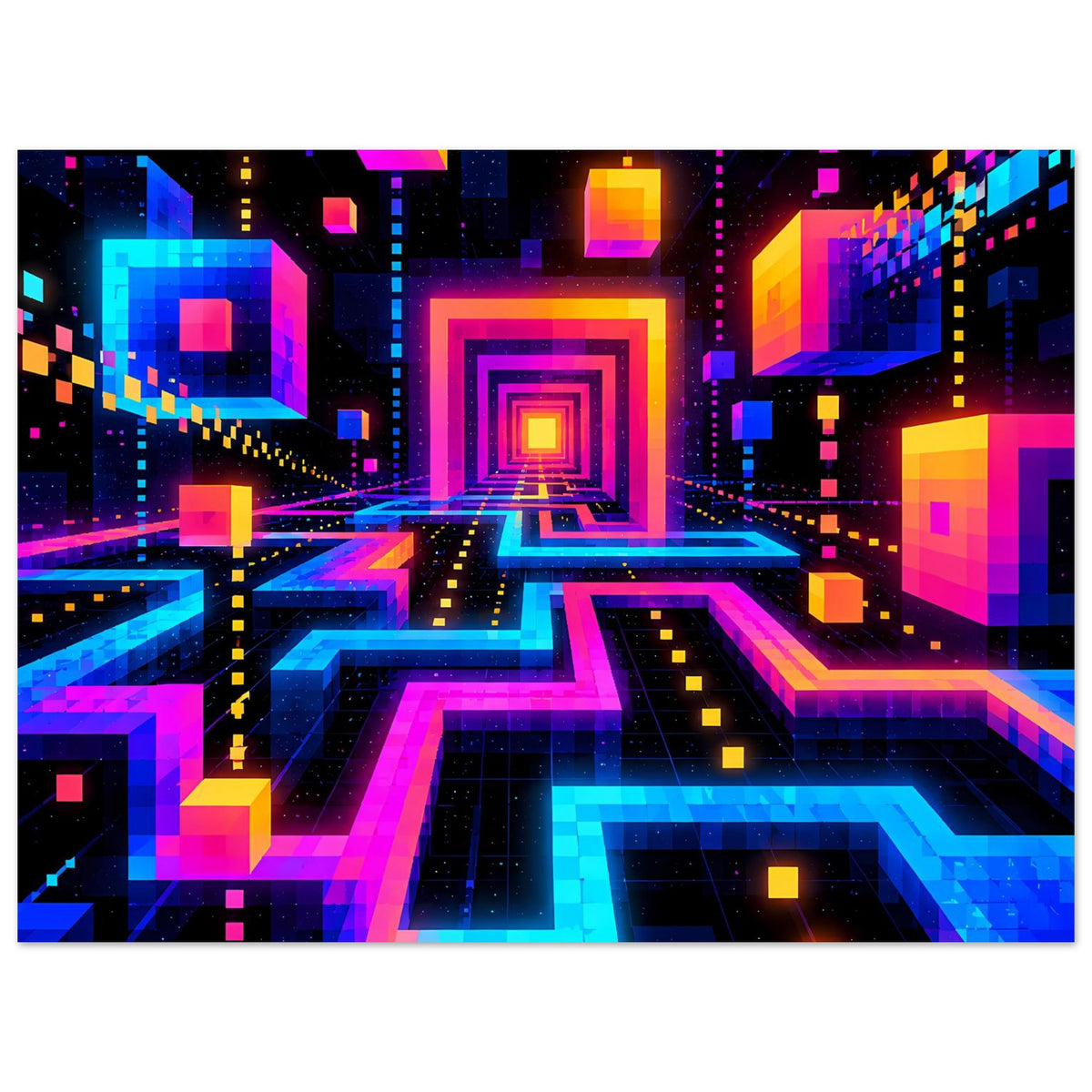 Neon-Labyrinth-Poster im Querformat mit geometrischem Wege-Layout und leuchtender Mitte