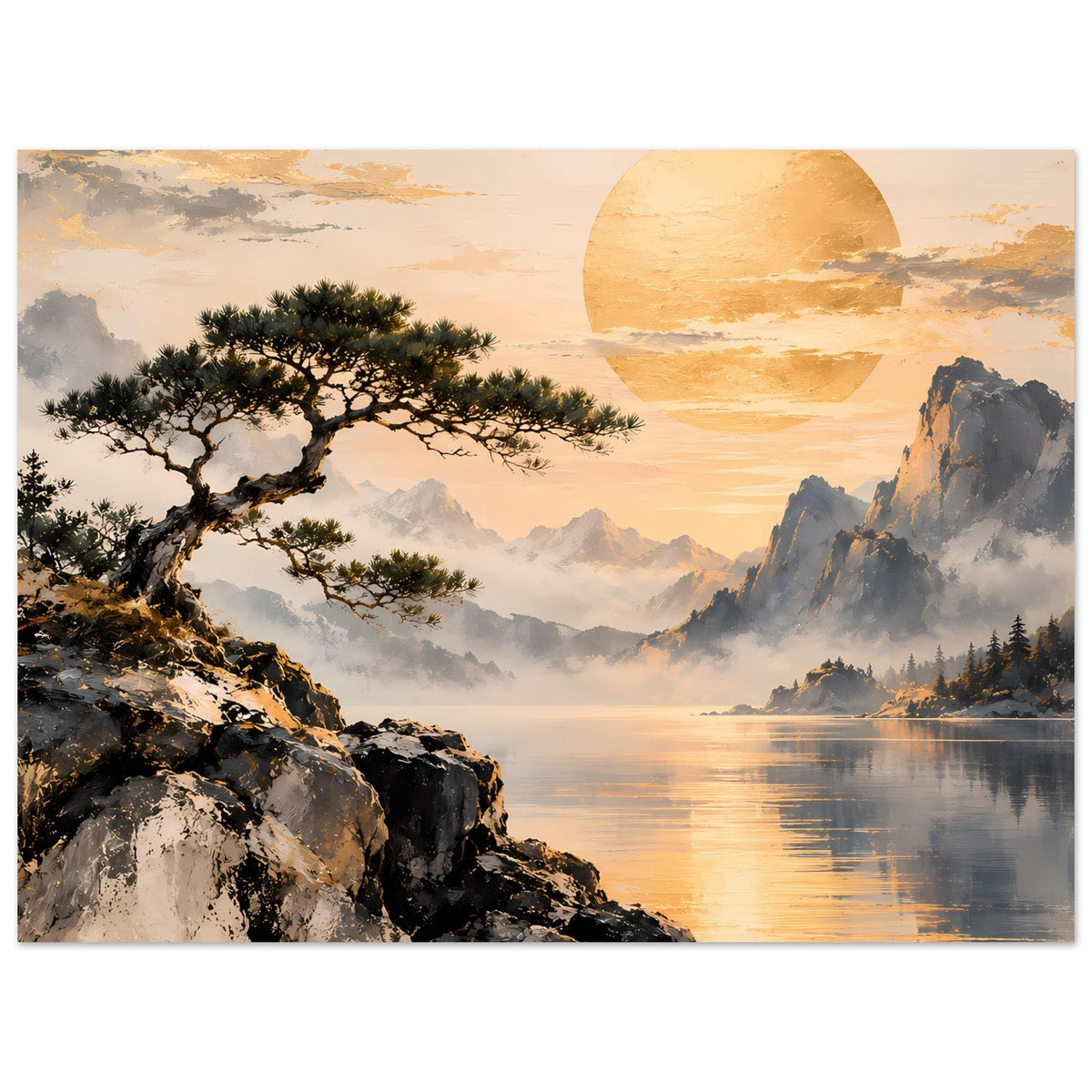 Landschaftsposter mit goldenem Himmel, Bergen, See mit Spiegelungen und Baum auf Felsen
