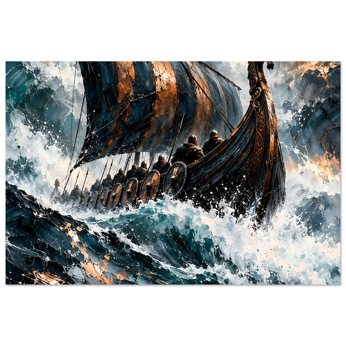 Poster mit Wikinger-Langschiff in dunklem Meer, Segel gespannt, bewaffnete Crew
