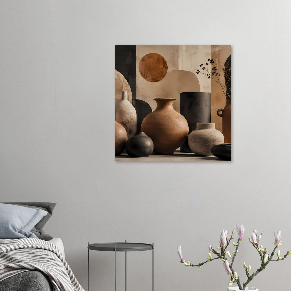 Gerahmter Posterdruck mit Keramikvasen in Terrakotta, Beige und dunklem Grau.