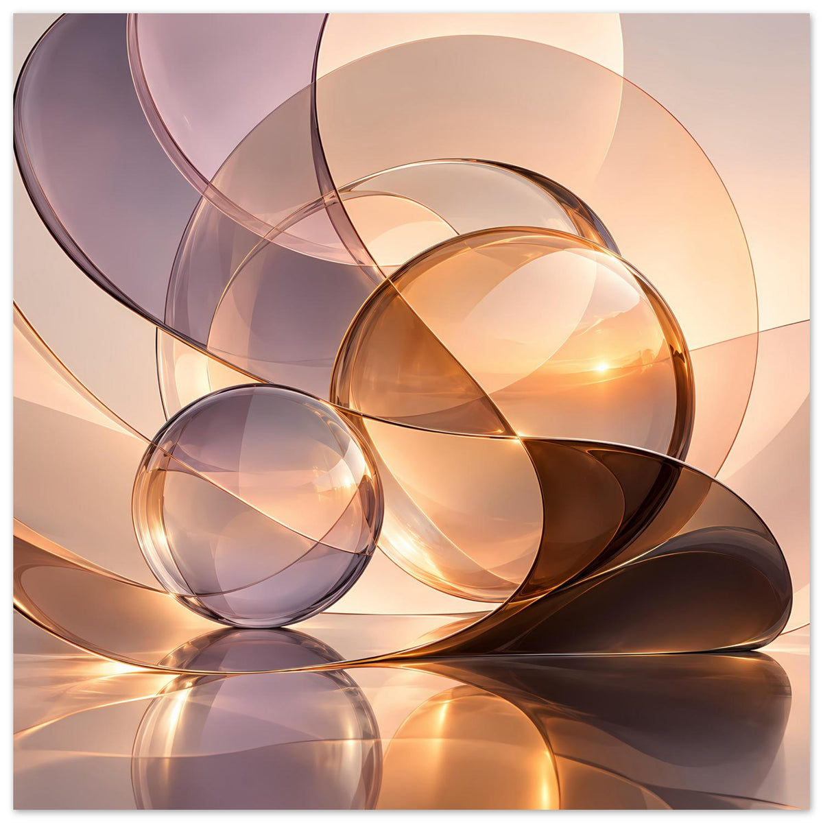 Abstrakter Kunstdruck mit Glas-Sphären in Gold und Lila, mit dynamischen Kurven