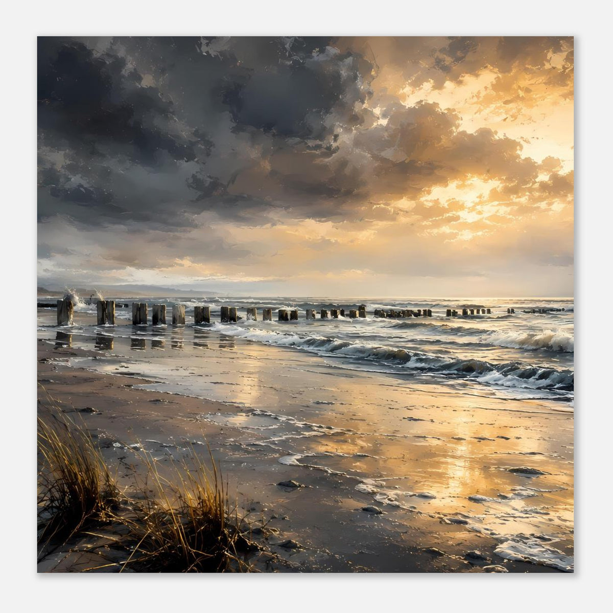 Poster im Querformat: Sandstrand mit Wellen, Pfählen im Wasser und dunklen Wolken am Horizont