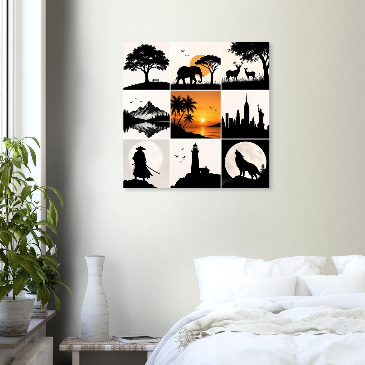Quadratisches Kunstposter mit 3x3 Silhouettenmuster, inkl. Sonnenuntergangs- und Stadtansicht