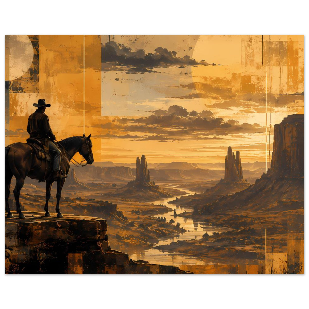 Poster mit Cowboy auf Pferd auf Felsvorsprung, Western-Canyon und warmes Abendlicht