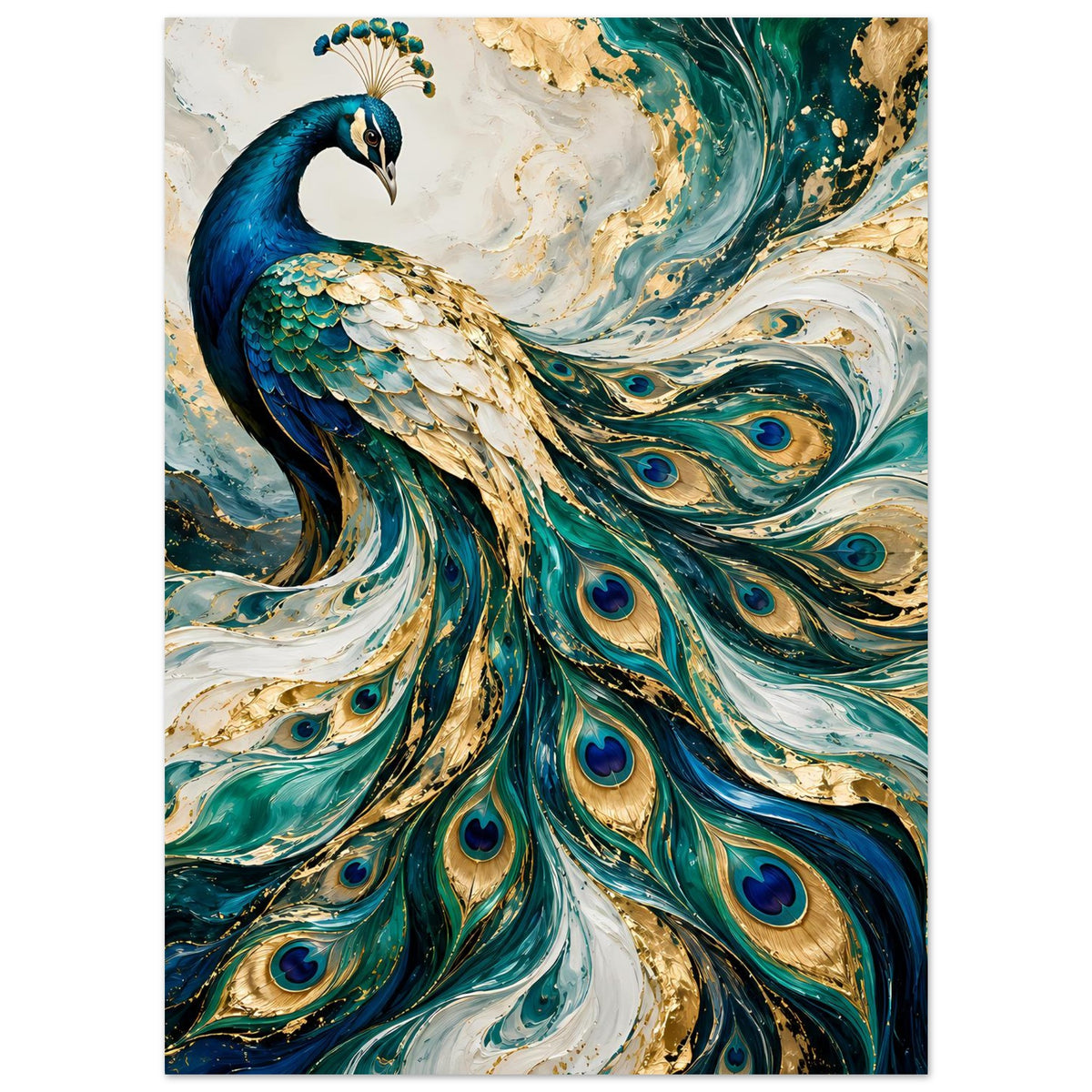 Pfauen-Kunstposter, Hochformat: Pfau mit türkisfarbenen Federn und goldenen Sprenkeln.