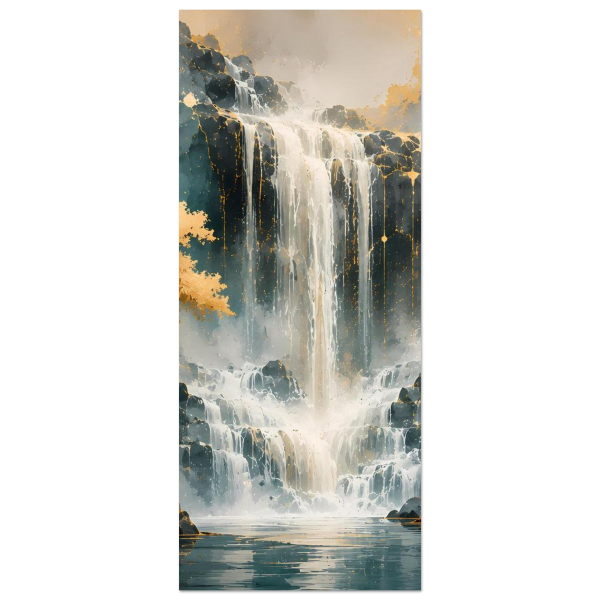 Kunstdruck-Poster (Hochformat) mit Wasserfall, Gold- und Blautönen, gerahmt
