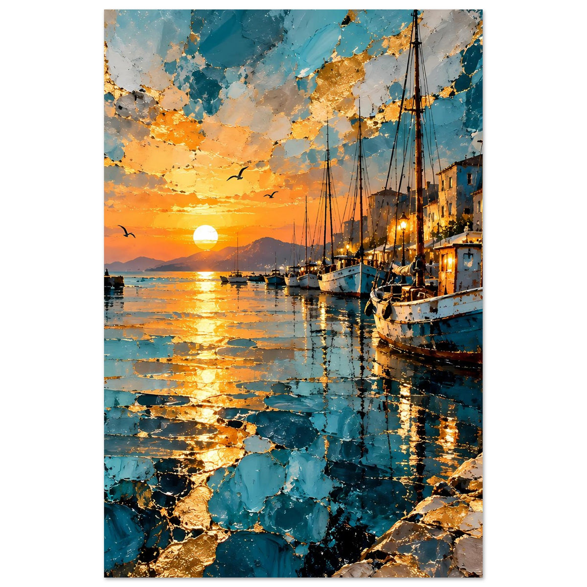Hafen-Szenenposter im Hochformat: Sonnenuntergang, Segelbootdetails und gesprenkelte Farboberfläche