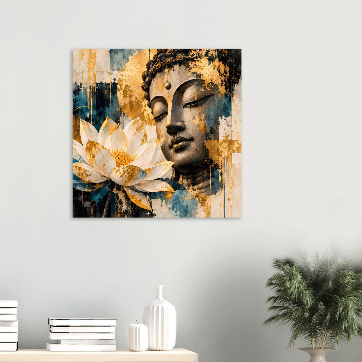 Kleiner Kunstdruck mit Buddha-Gesicht und Lotusblüte, Gold- und Teal-Optik, abstrakt