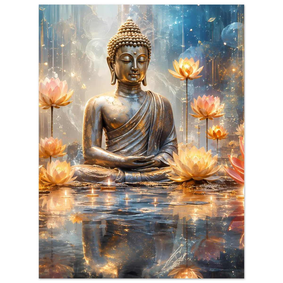 Meditationsposter mit goldenem Buddha im Lotussitz und leuchtenden Lotusblüten, Spiegelung im Wasser
