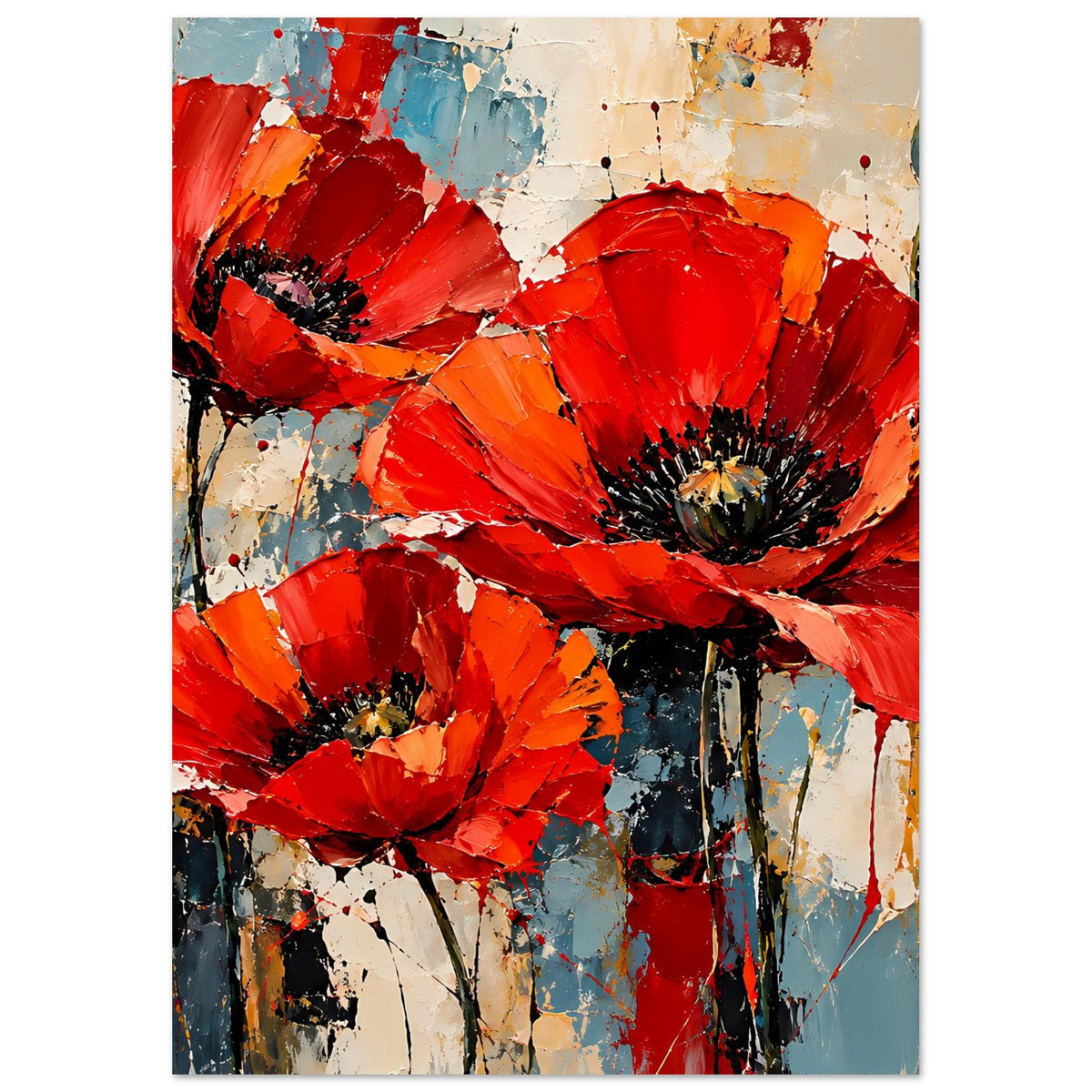 Abstraktes Poster mit roten Mohnblumen, Hochformat, auf mattem Papier