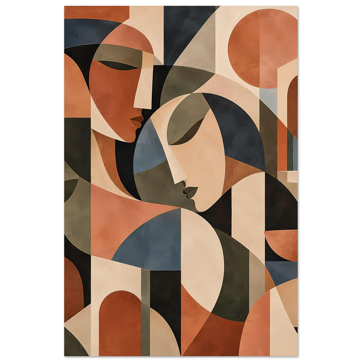 Vertikaler Kunstprint mit abstrakten Gesichtern, geometrischen Flächen in Terrakotta, Blau und Beige