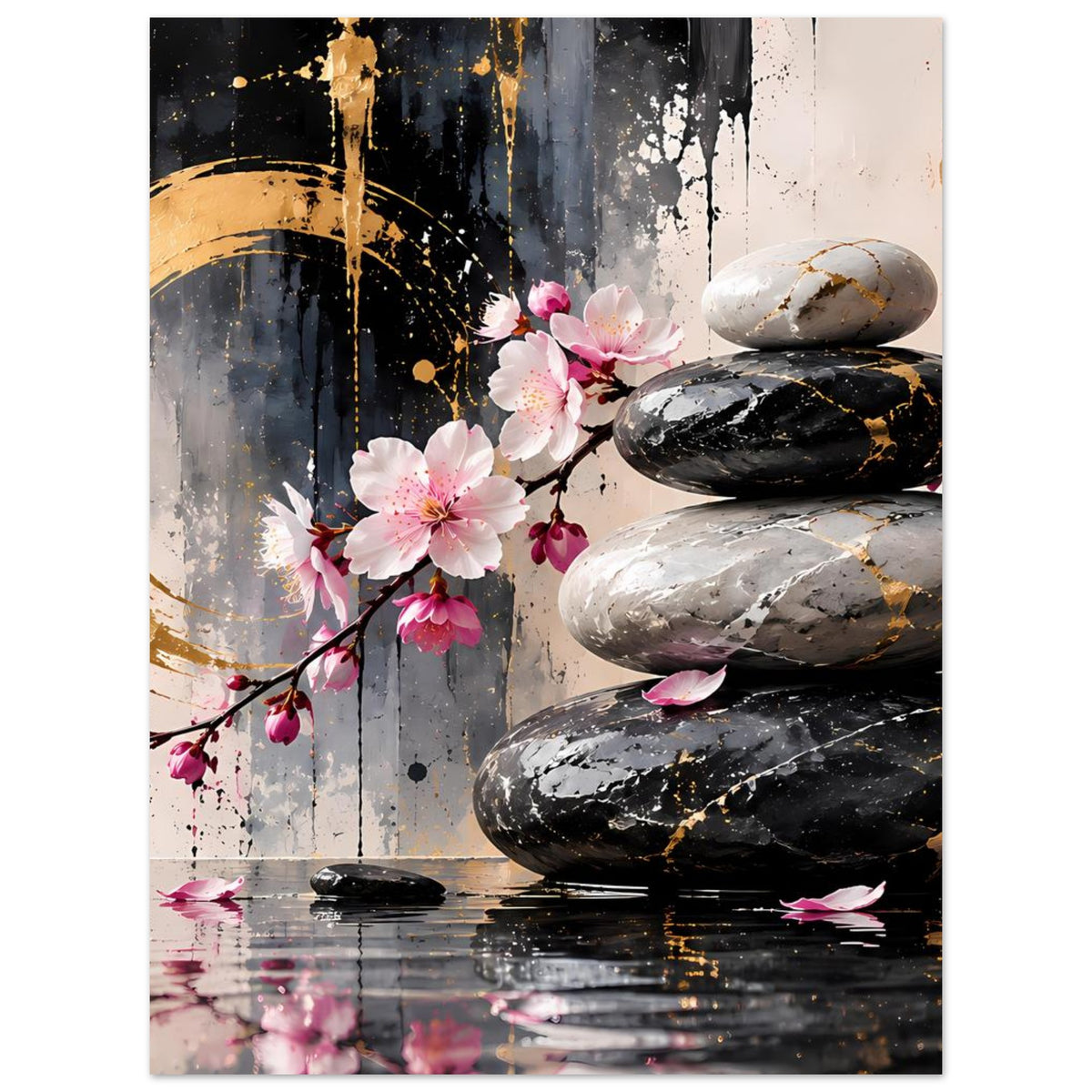 Chrysanthemen- und Kirschblüten-Poster mit Zen-Steinen, goldenen Spritzakzenten und Seidenblättern