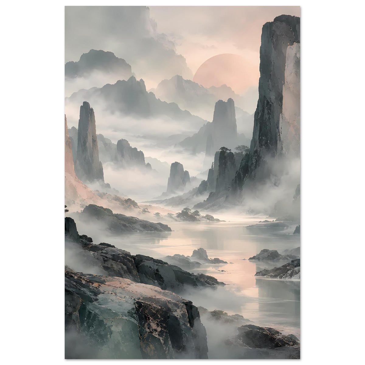 Gerahmtes Hochformat-Poster: neblige Berglandschaft mit Pastellhimmel