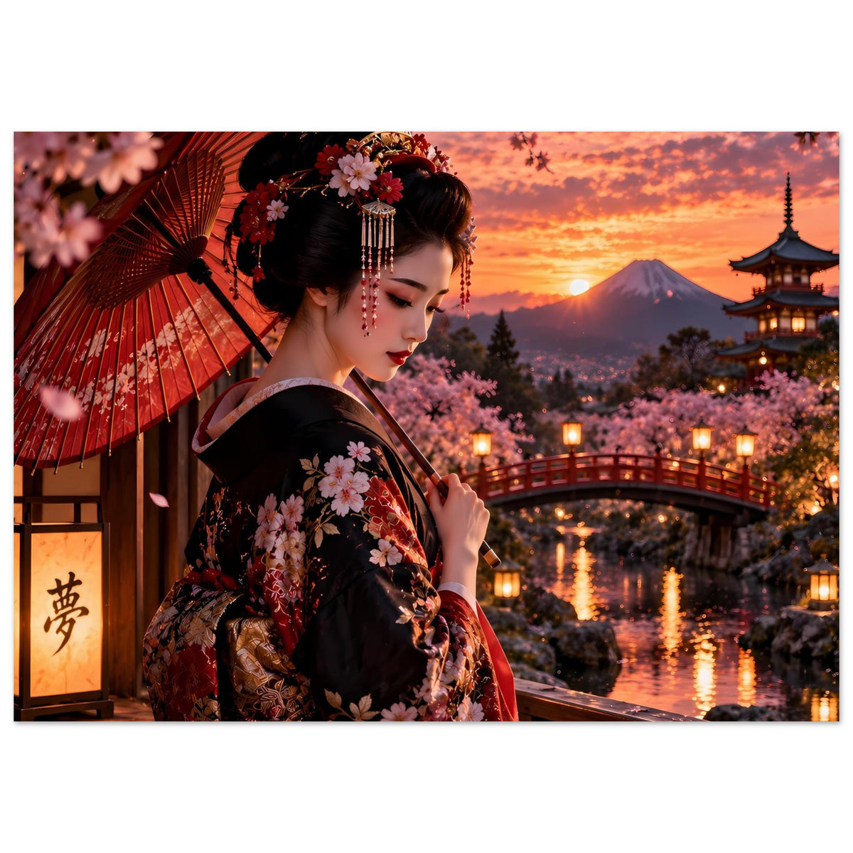 Japanisches Kimono-Poster im Querformat: Frau im dunklen Kimono mit Kirschblüten