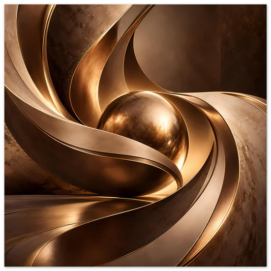 Abstraktes Poster mit goldener Kugel und geschwungenen Linien in warmen Braun- und Goldtönen