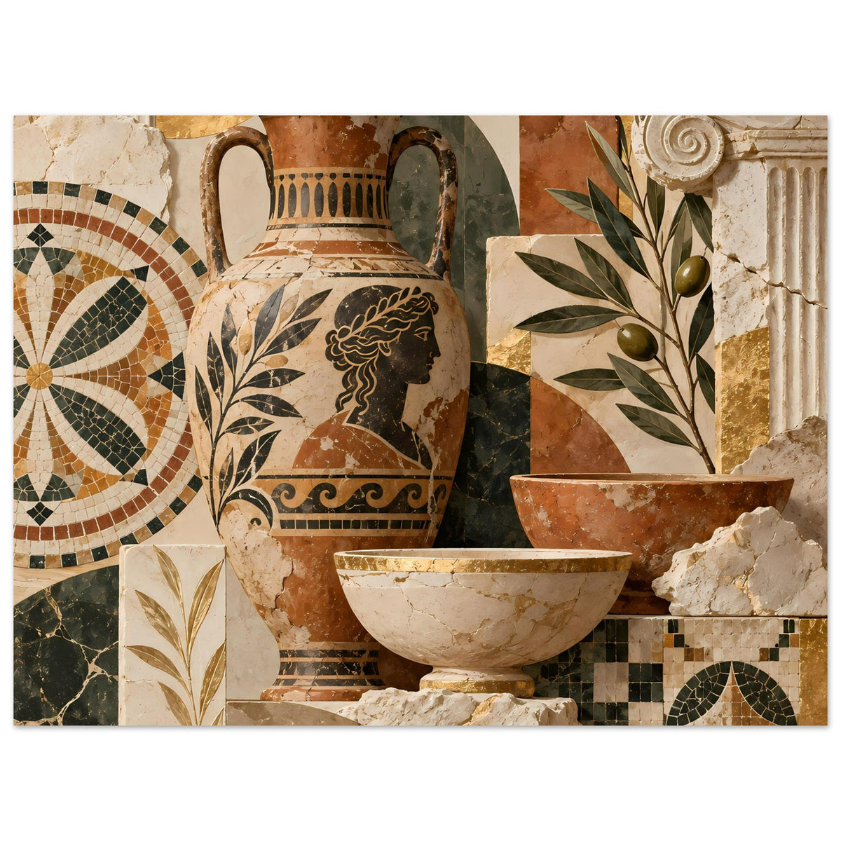 Mediterranes Mosaik-Poster: Amphore links, Schale vorn und Mosaikfliesen in Grüntönen