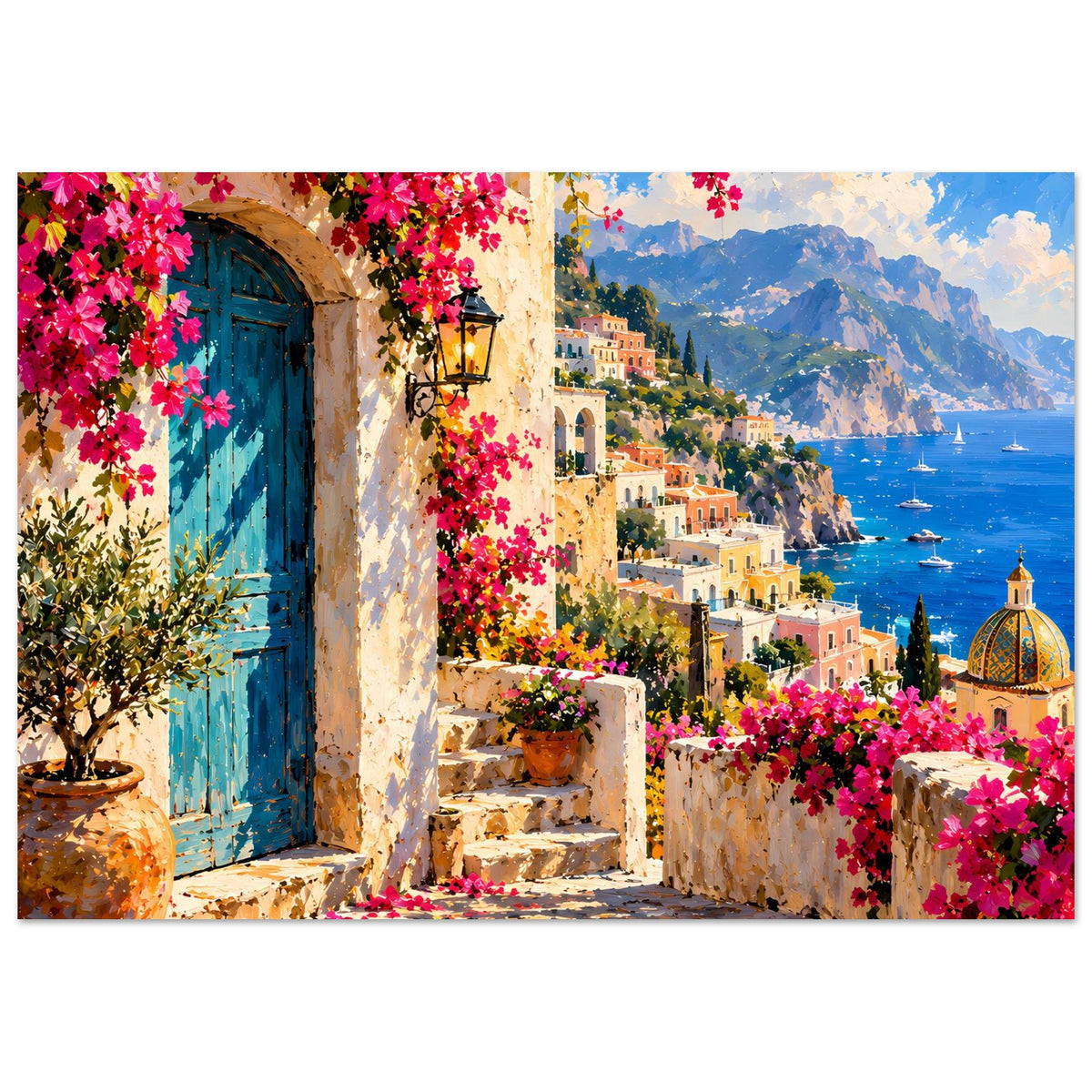 Poster mit mediterraner Treppe, blauer Tür, pinken Blüten, türkisfarbenem Meer und Kuppel