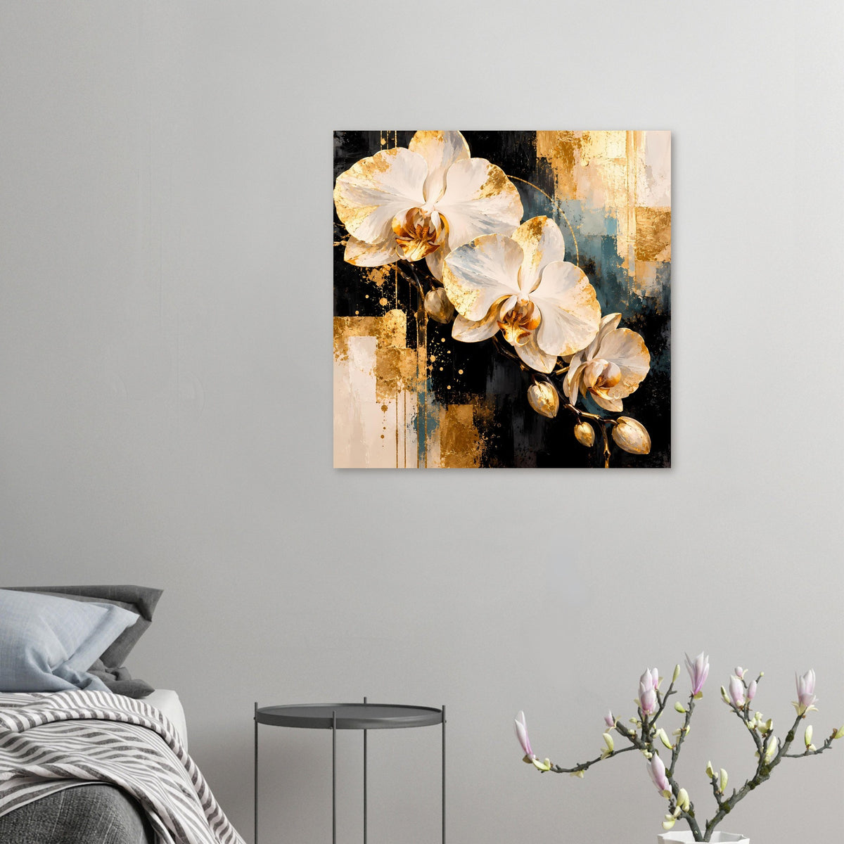 Wandposter mit weißen Orchideen und goldenen Akzenten, abstrakter Hintergrund
