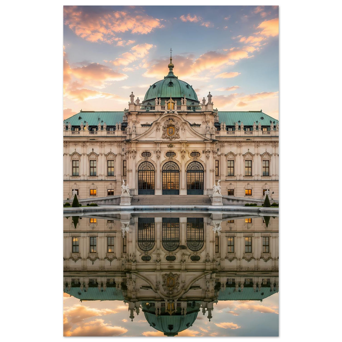 Schloss-Poster im Hochformat: Barockpalast mit Wasserspiegelung, türkisfarbenes Dach