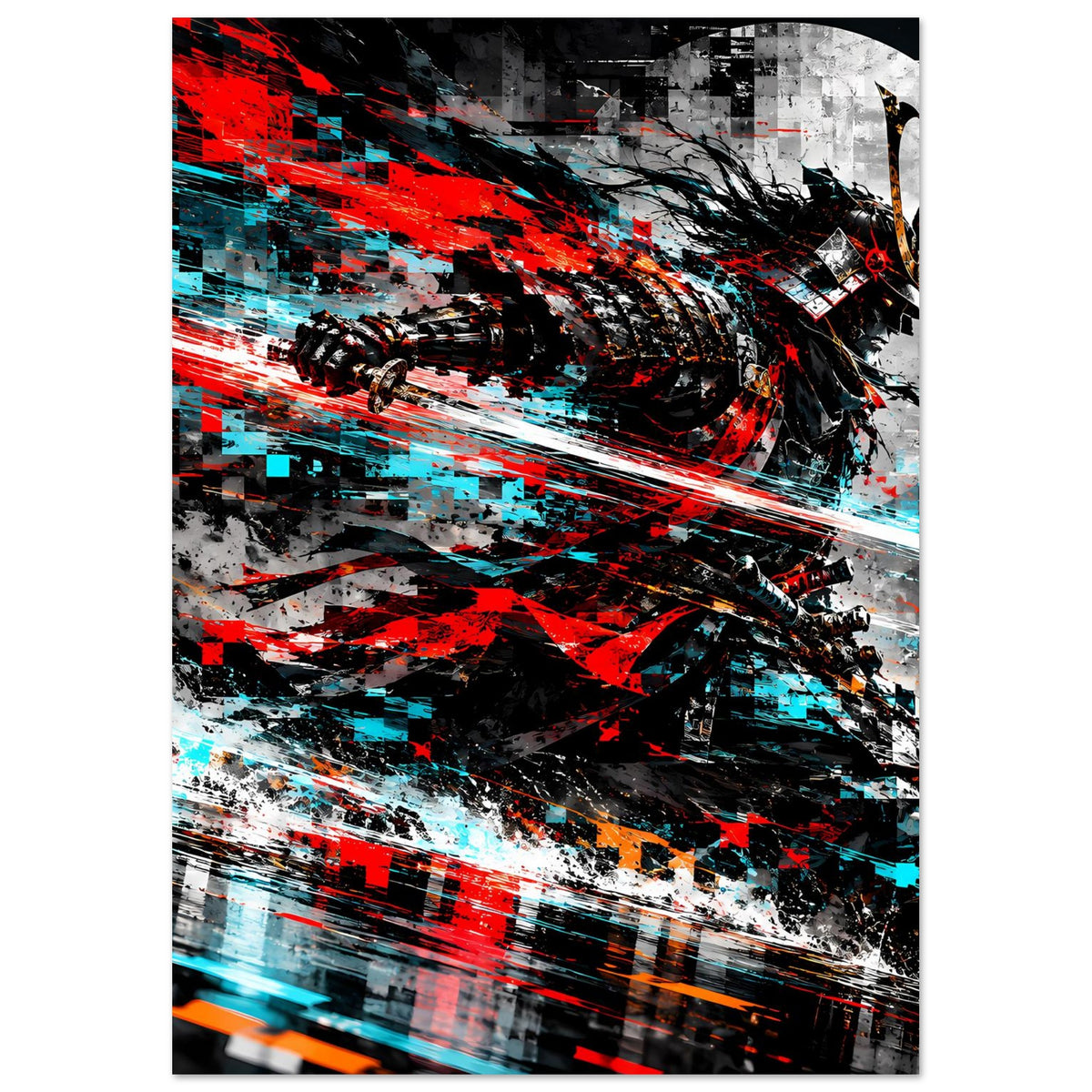 Actionposter im Hochformat mit samurai-artigem Kopf, roter Energie und cyanblauen Lichtstreifen