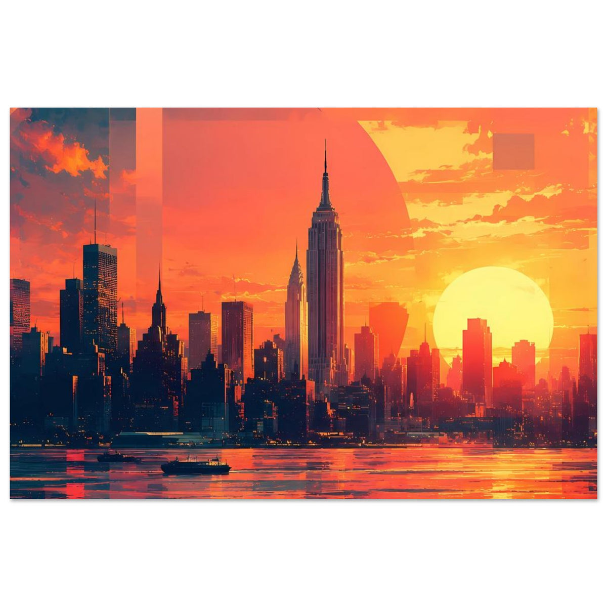 Horizontales Stadtposter mit Sonnenuntergangs-Szene, Hochhäusern und gelber Abendsonne