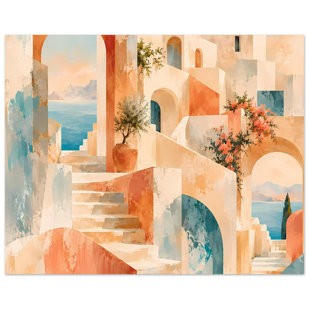 Mediterranes Traum-Landschaftsposter: gestufte Steintreppe, Fensterbögen und Zierblumen am Eingang