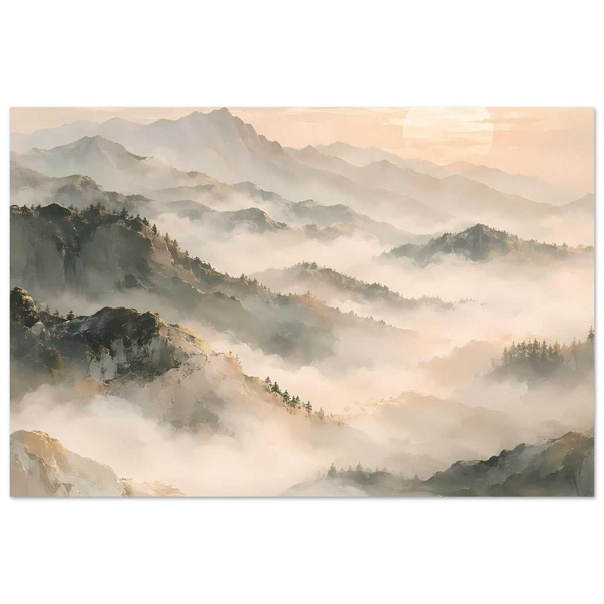 Horizontales Poster mit Bergmassiven, Nebel im Tal und warmem Morgenlicht