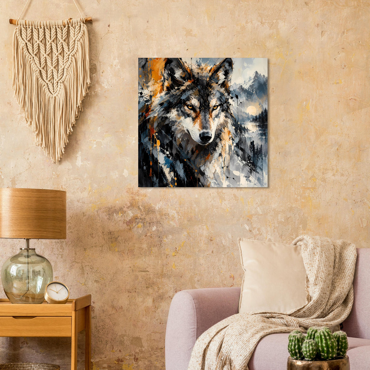 Abstraktes Wolf-Kunstposter mit kräftigen orangefarbenen Spritzern und grauem Fell