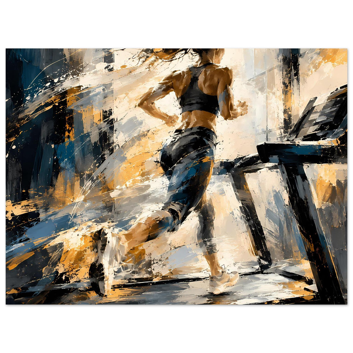 Horizontales Lauf-Poster mit abstrakter Sportfigur, kräftige Blau-, Schwarz- und Orangetöne