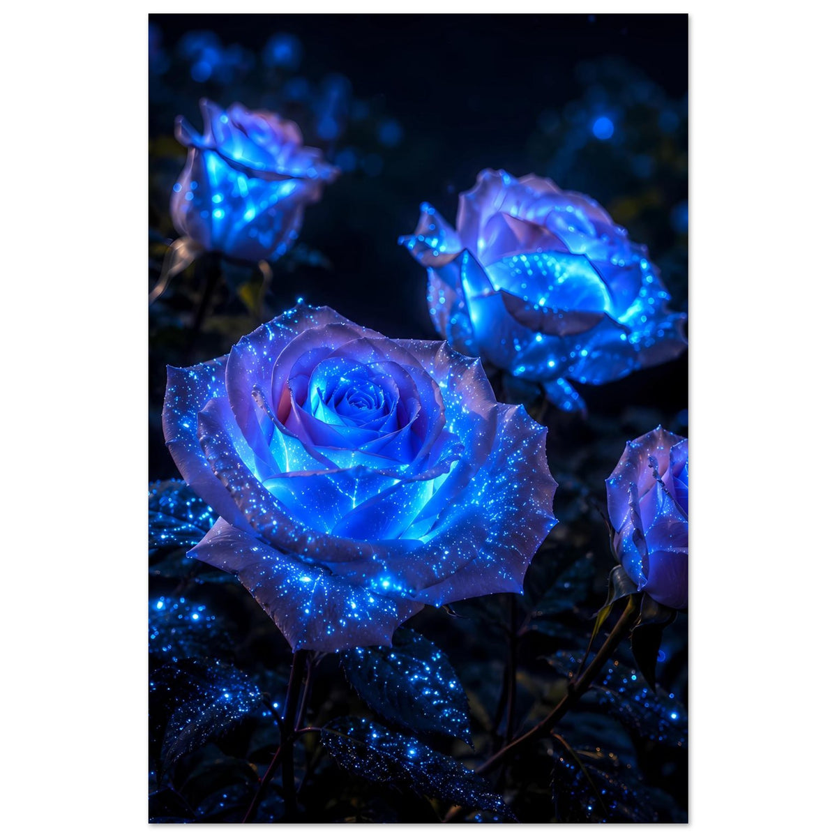 Poster mit blau leuchtenden Rosen: große Vorderrose mit funkelnden Lichtern