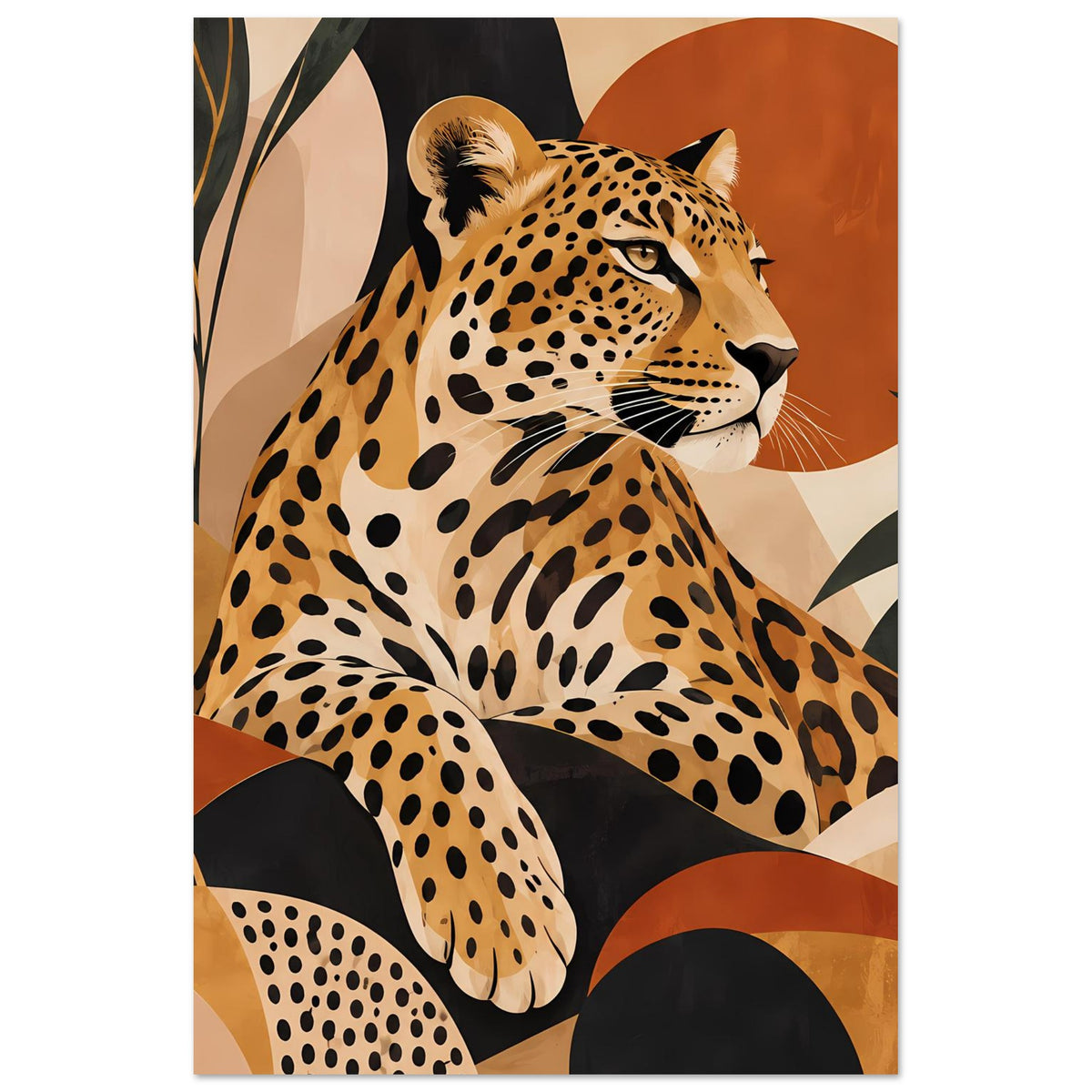 Leopard-Tierposter im Hochformat mit Blick nach rechts und schwarzen Flecken