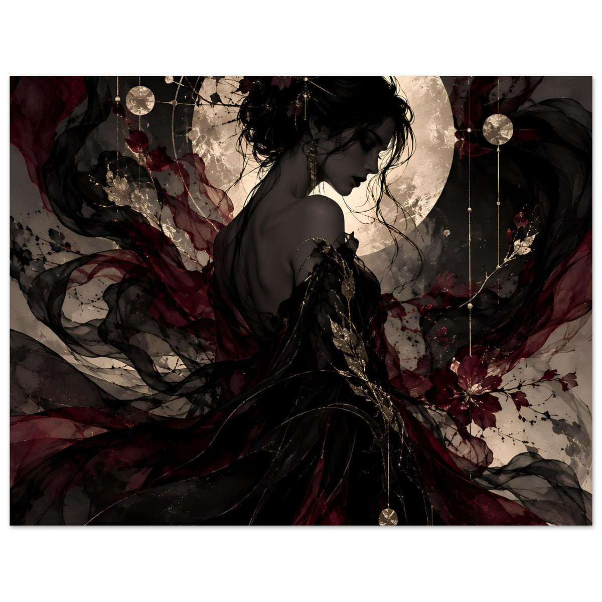Poster im Querformat: Frau im dunklen Kleid, großer Mond, goldene Kettenelemente, burgunderrot