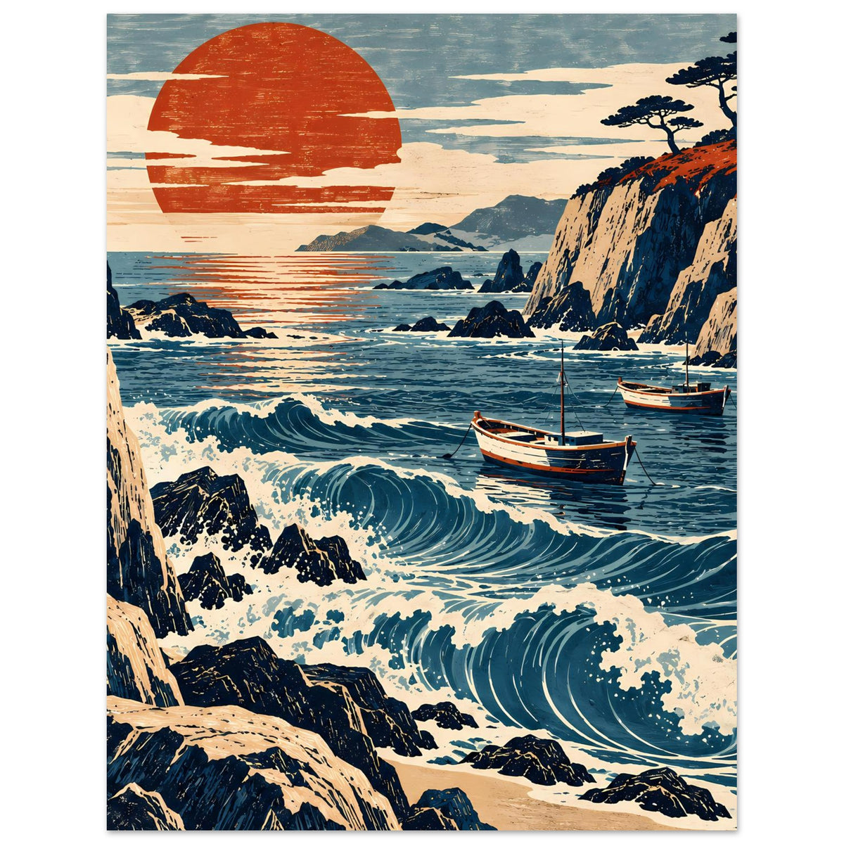 Meerlandschafts-Poster mit orangefarbener Sonne, Küste mit Klippen, Wellen und Segelboot