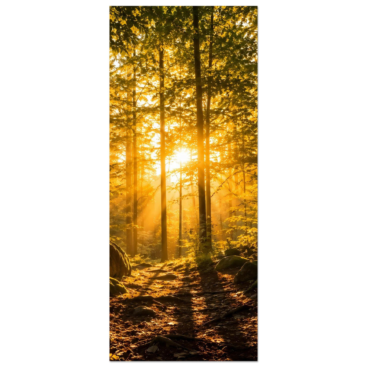 Hochkant-Wandposter mit Waldweg, warmem Sonnenaufgang und goldenen Bäumen