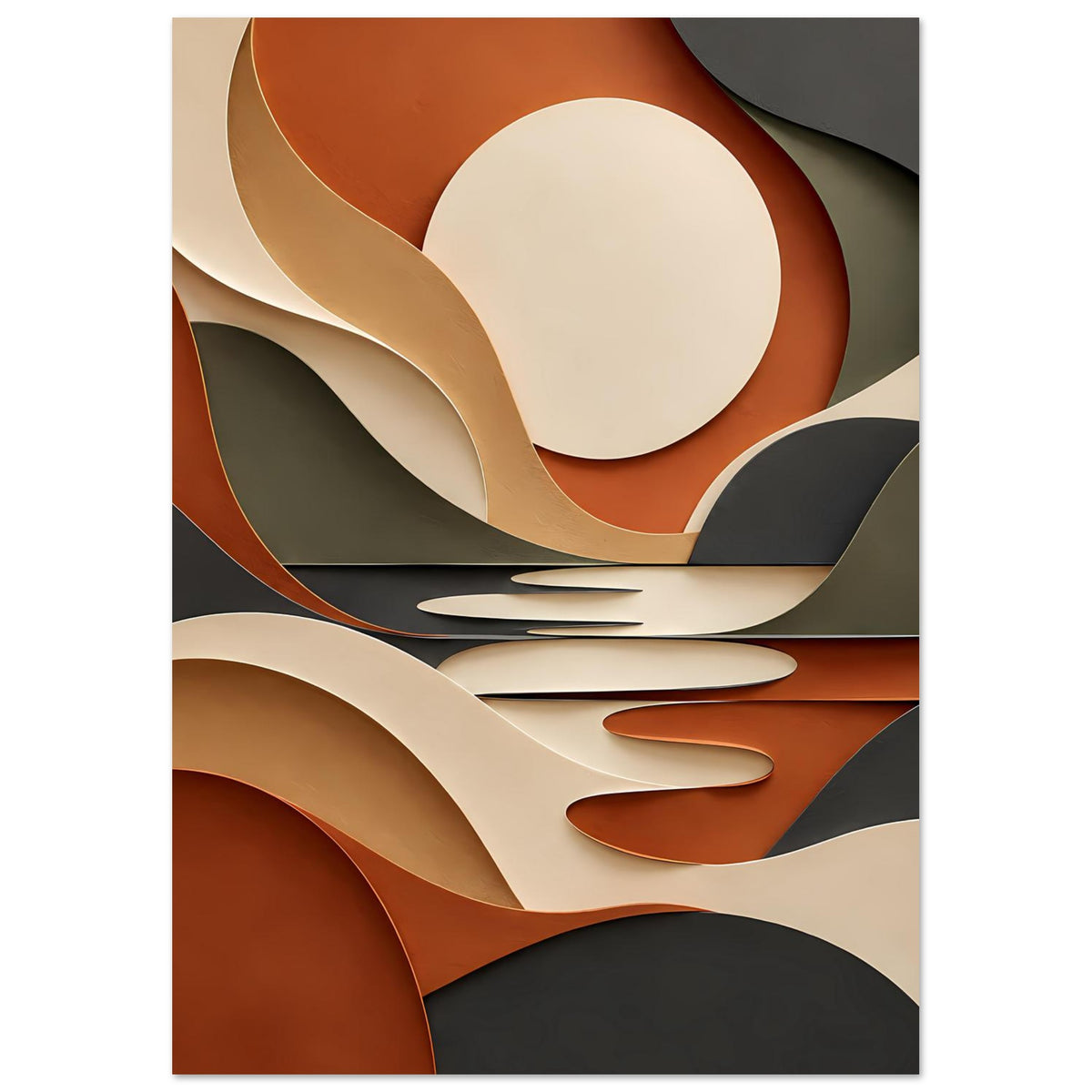 Kunstposter im Hochformat mit abstrakten kreisförmigen Segmenten und geschwungenen Bändern in Terrakotta und Creme.