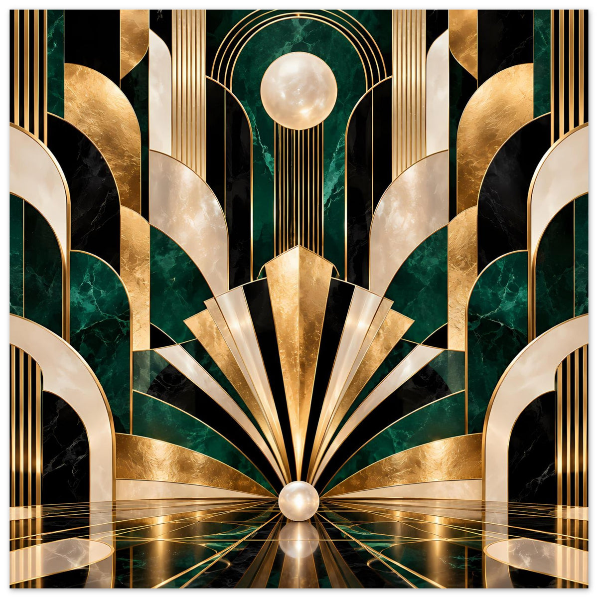 Art-Déco-Poster mit Gold-, Smaragd- und Schwarzmuster, symmetrisch.