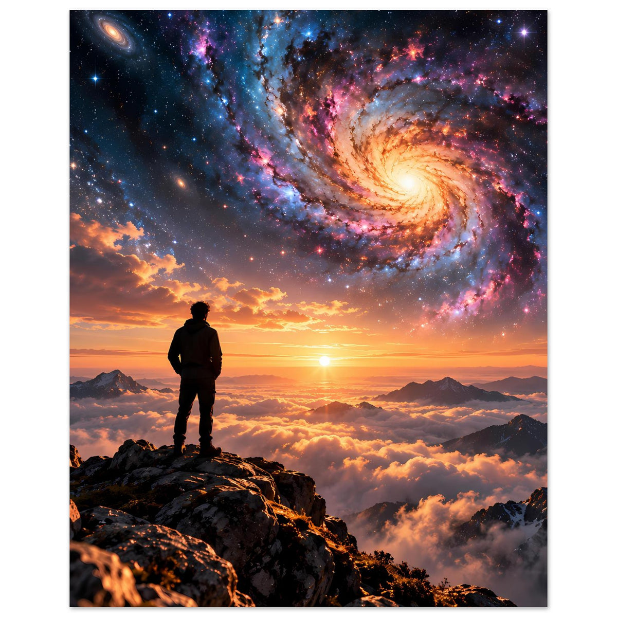 Wandposter: Silhouette eines Wanderers auf Felsen, Spiralgalaxie und Wolkenmeer bei Sonnenuntergang