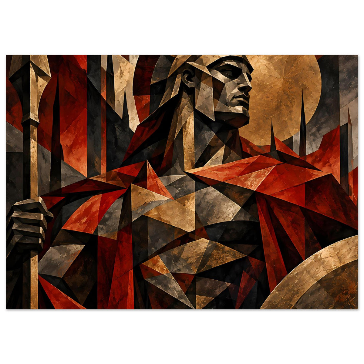 Querformat-Poster mit Spartan-Krieger-Profil, geometrische Dreiecke in Rot und Gold