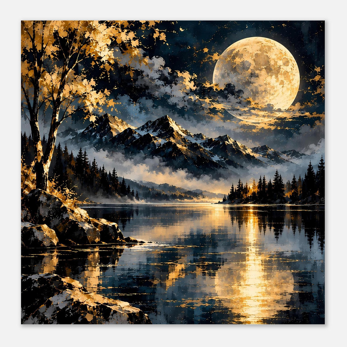 Nahaufnahme Landschaftsposter im schwarzen Rahmen: Vollmond über See, Berge, Bäume und goldene Spritzer