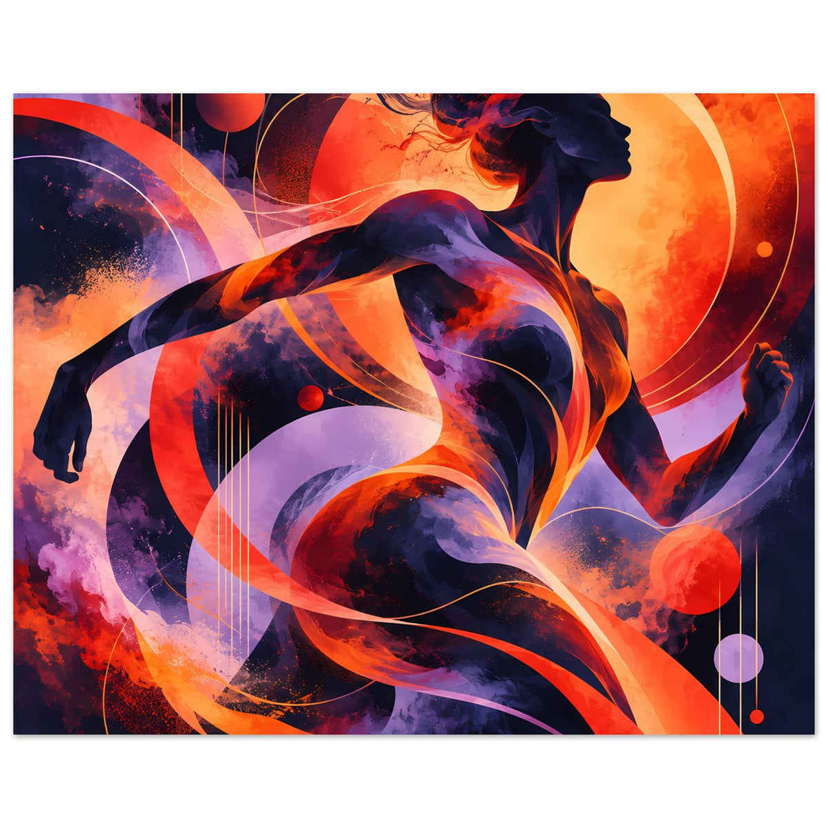 Farbiges Querformat-Poster mit abstrakter Figur, Kreisen und Wirbelgrafik in Orange und Dunkelblau