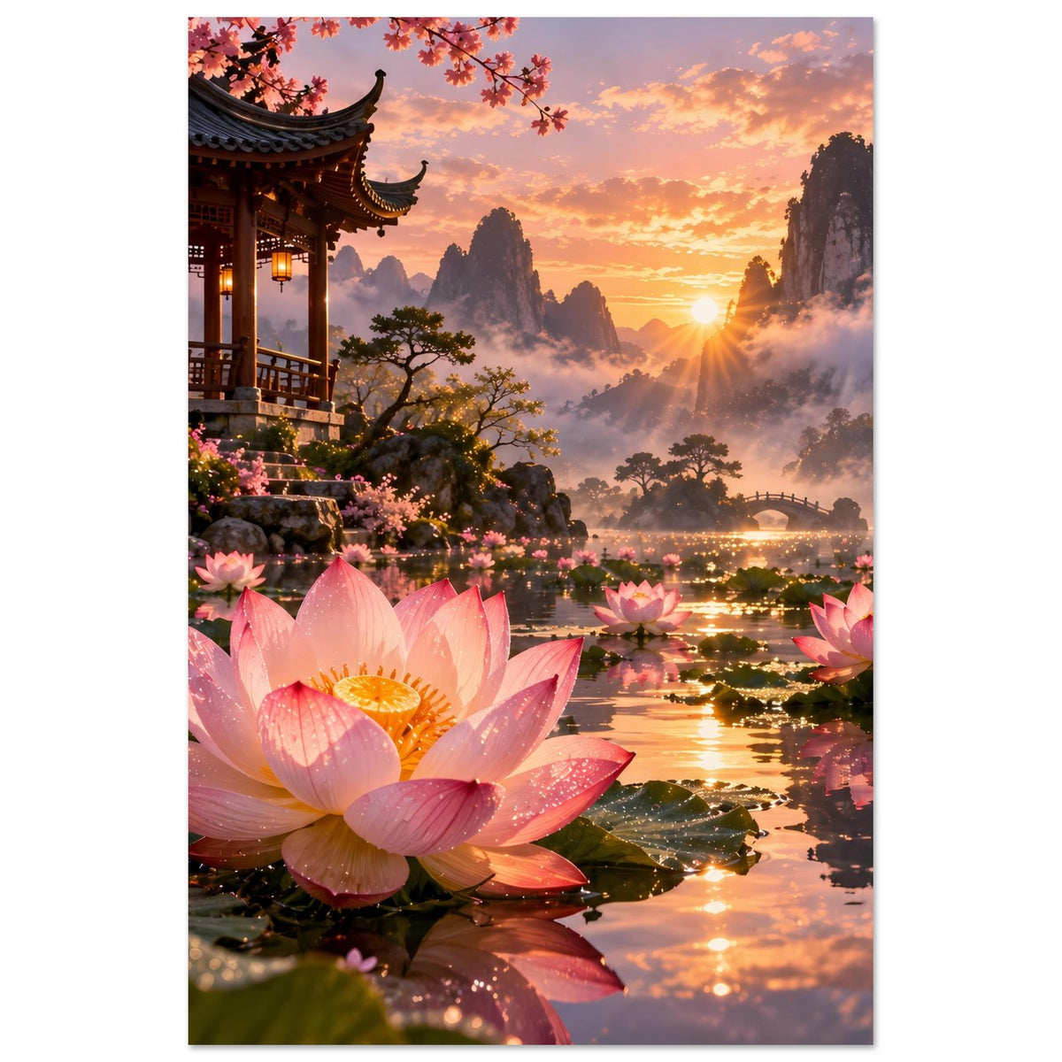 Hochkant-Poster mit rosa Lotusblüte im Vordergrund und Landschaft mit Pagode und Sonne