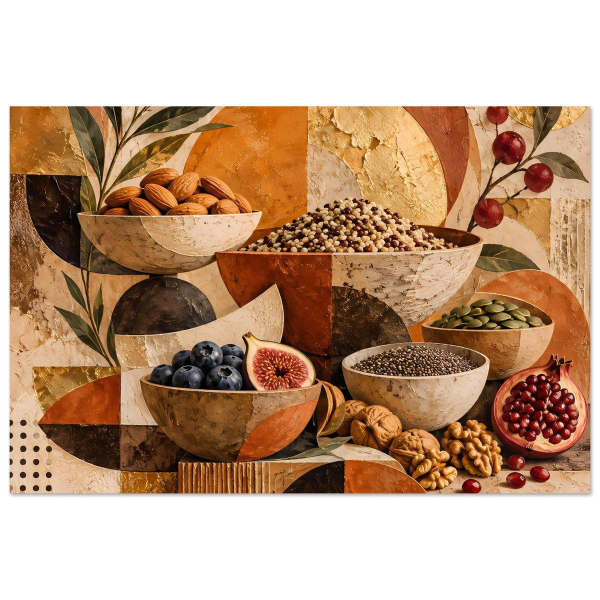 Poster mit warmen Erdtönen: Schalen mit Blaubeeren, Nüssen, Körnern und roten Früchten