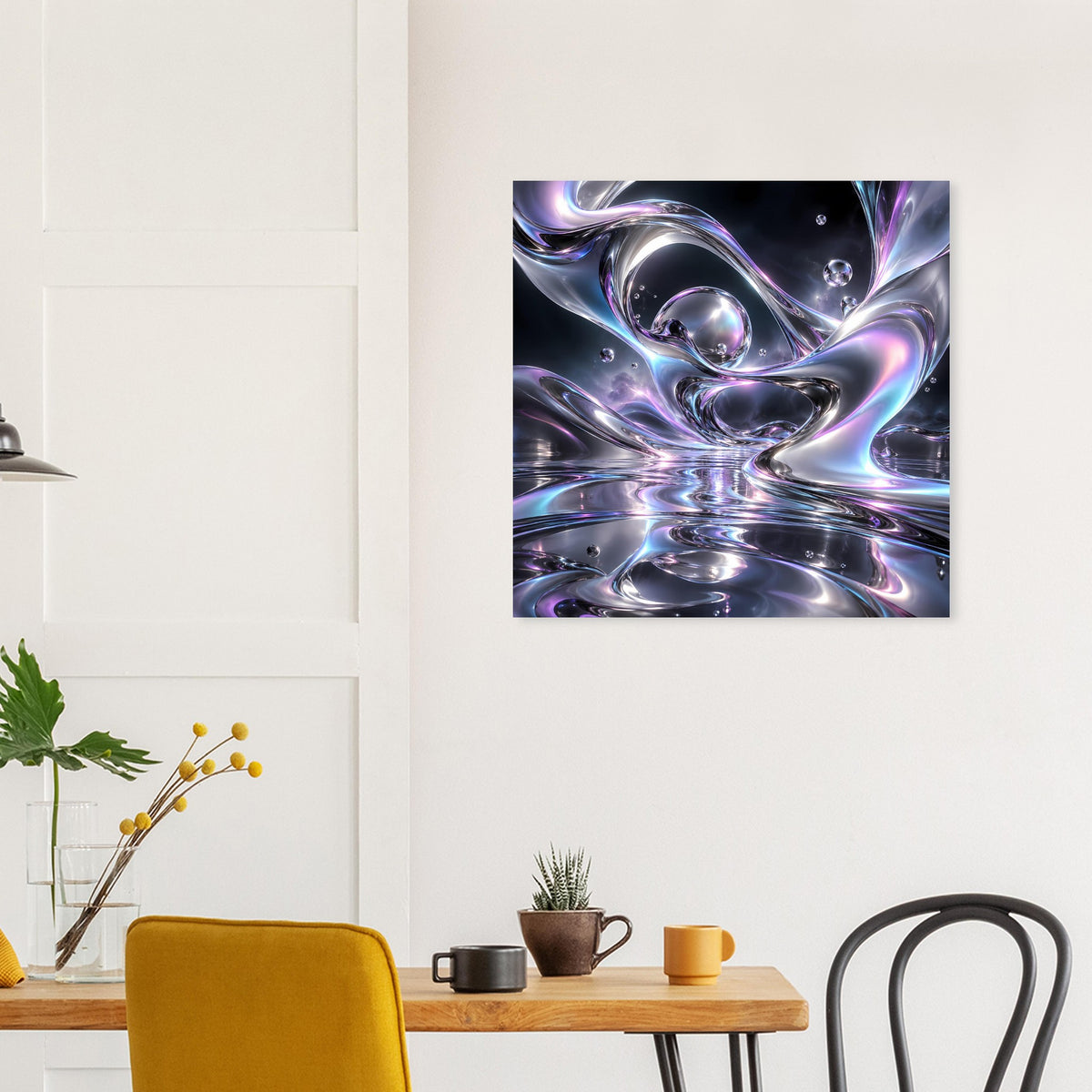 Quadratisches Poster mit Chrom-Liquid-Grafik in Blau und Lila, silbrige Glanzflächen