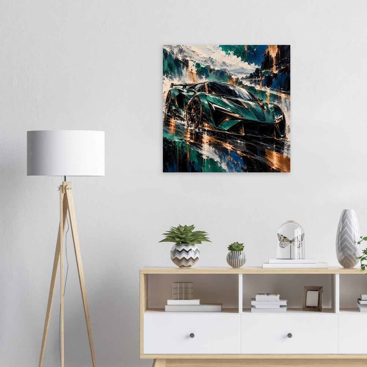 Sportwagen-Poster mit futuristischem Rennwagen in Smaragdgrün und Kupfer, rechteckiger Rahmen